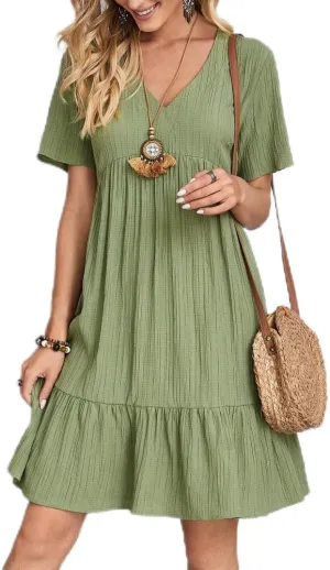 Womens Summer Dresses V-Neck Flutter Sleeve Flowy Short Dress Casual Mini Dress A-Line Ruffle Tiered Swing Dresses