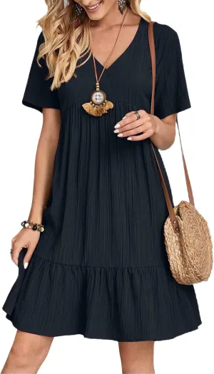 Womens Summer Dresses V-Neck Flutter Sleeve Flowy Short Dress Casual Mini Dress A-Line Ruffle Tiered Swing Dresses