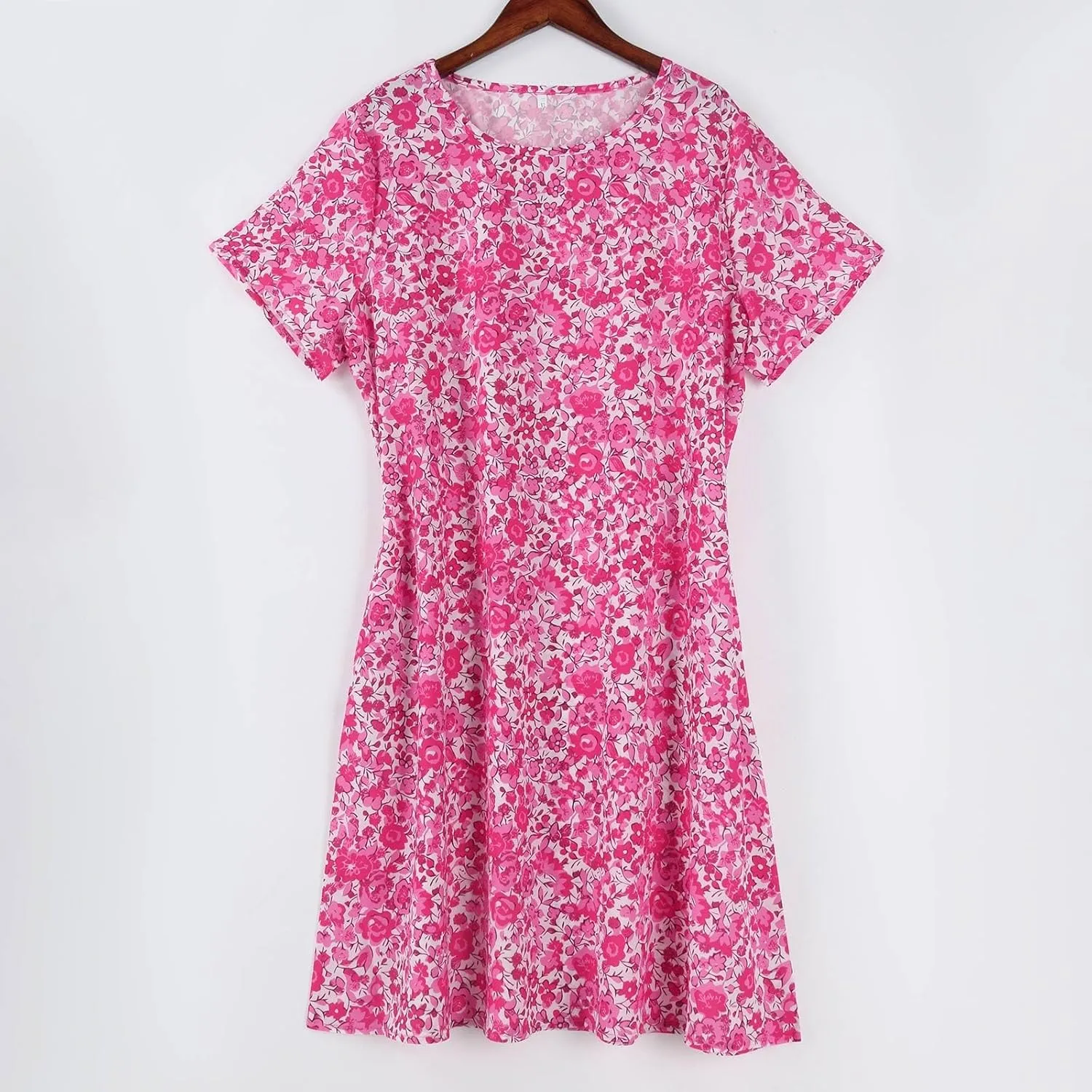 Women's Summer Floral Sundresses with Pockets, Loose Fit Short Sleeve Round Neck Knee Length Boho Beach Dress