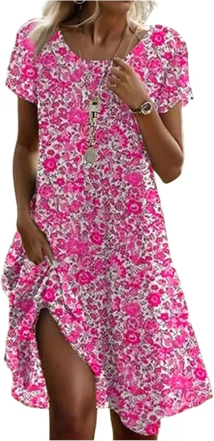 Women's Summer Floral Sundresses with Pockets, Loose Fit Short Sleeve Round Neck Knee Length Boho Beach Dress