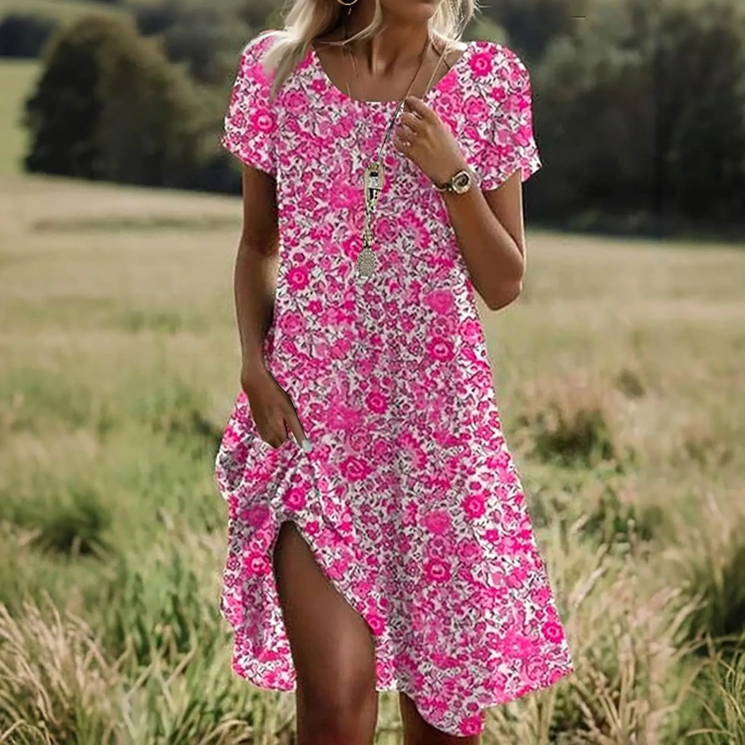 Women's Summer Floral Sundresses with Pockets, Loose Fit Short Sleeve Round Neck Knee Length Boho Beach Dress