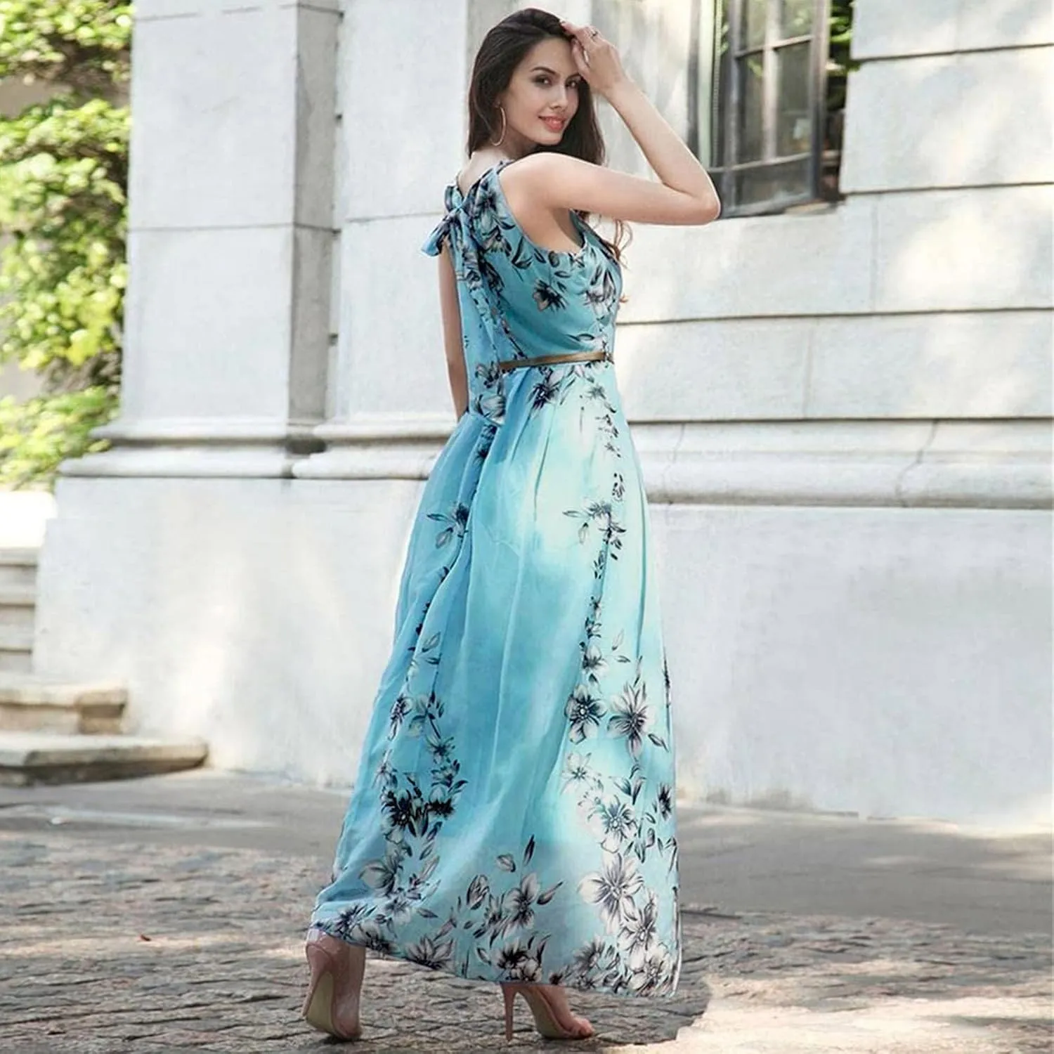 Women's Summer Maxi Dress Casual Gradient Sleeveless Dress Split Floral Sundress Beach Vacation Flowy Long Dresses