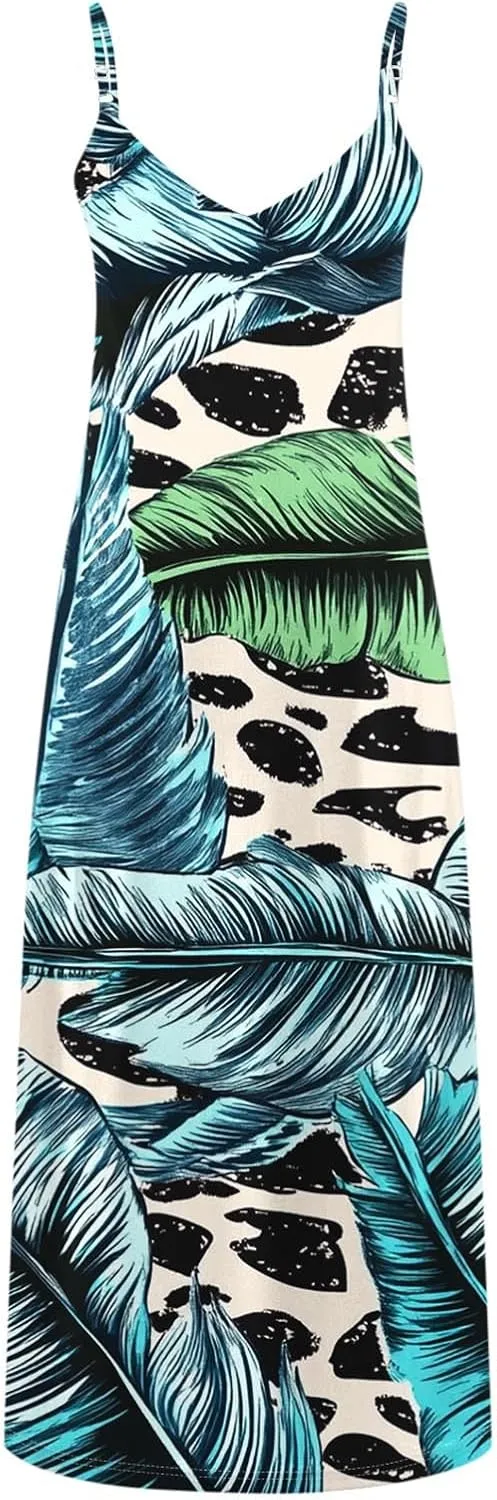 Women's Summer Maxi Dress Casual V-Neck Sleeveless Sundress Bohemian Spaghetti Strap Floral Long Maxi Dresses