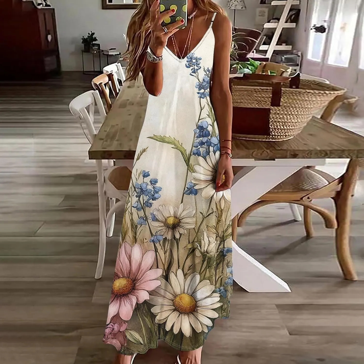 Women's Summer Maxi Dress Casual V-Neck Sleeveless Sundress Bohemian Spaghetti Strap Floral Long Maxi Dresses