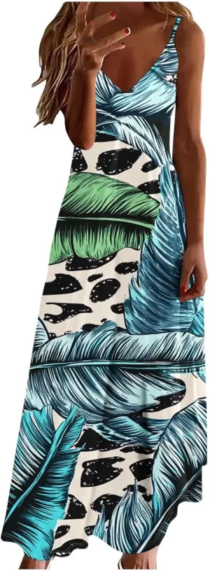 Women's Summer Maxi Dress Casual V-Neck Sleeveless Sundress Bohemian Spaghetti Strap Floral Long Maxi Dresses