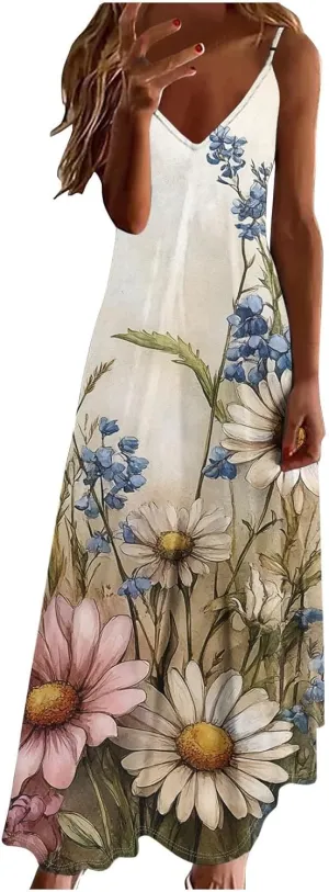 Women's Summer Maxi Dress Casual V-Neck Sleeveless Sundress Bohemian Spaghetti Strap Floral Long Maxi Dresses