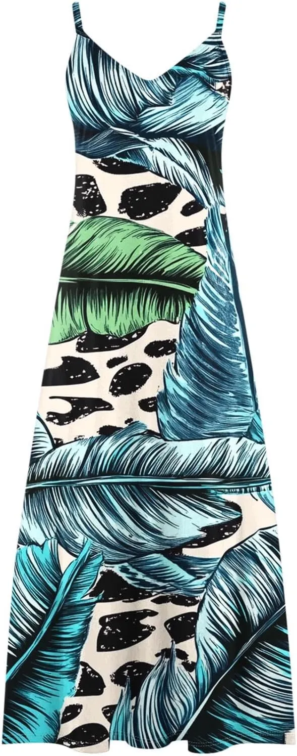 Women's Summer Maxi Dress Casual V-Neck Sleeveless Sundress Bohemian Spaghetti Strap Floral Long Maxi Dresses