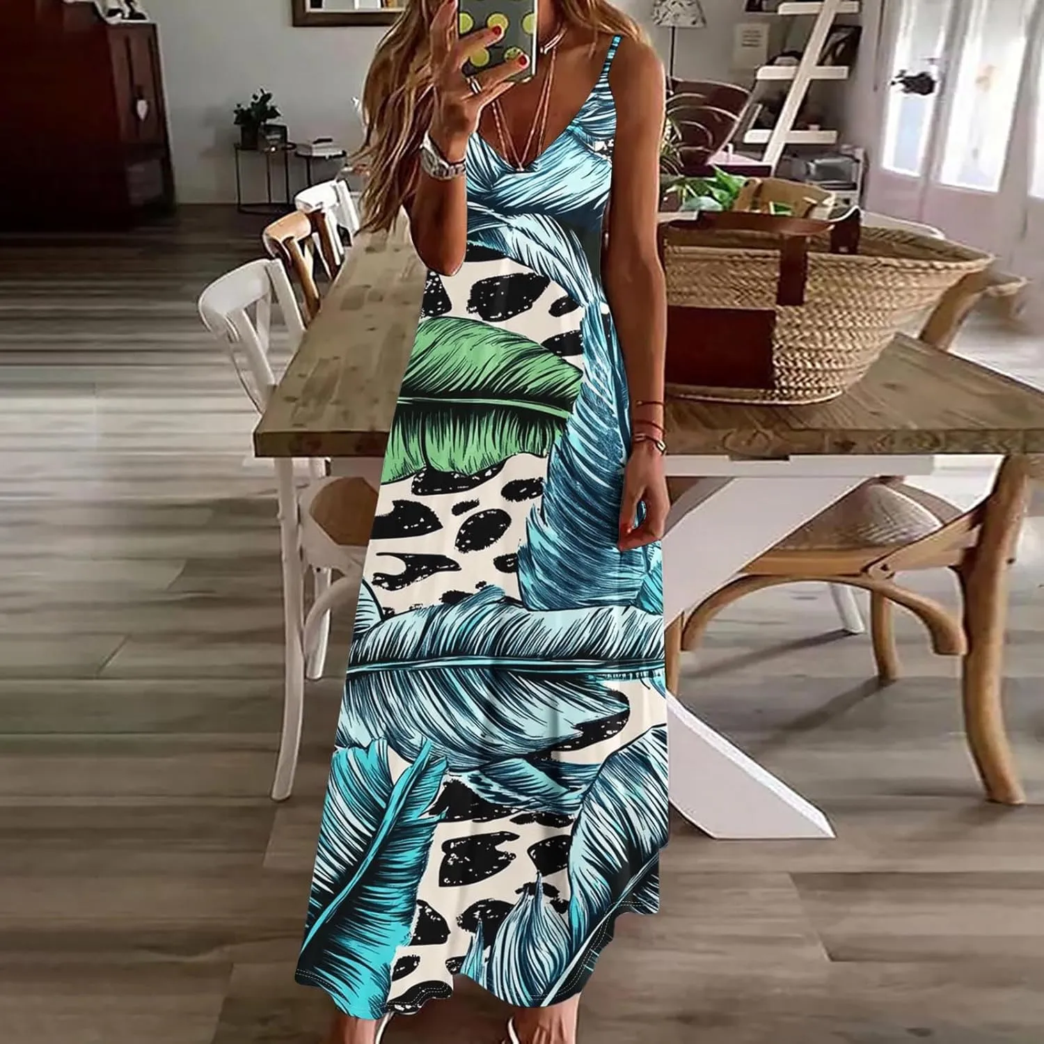 Women's Summer Maxi Dress Casual V-Neck Sleeveless Sundress Bohemian Spaghetti Strap Floral Long Maxi Dresses