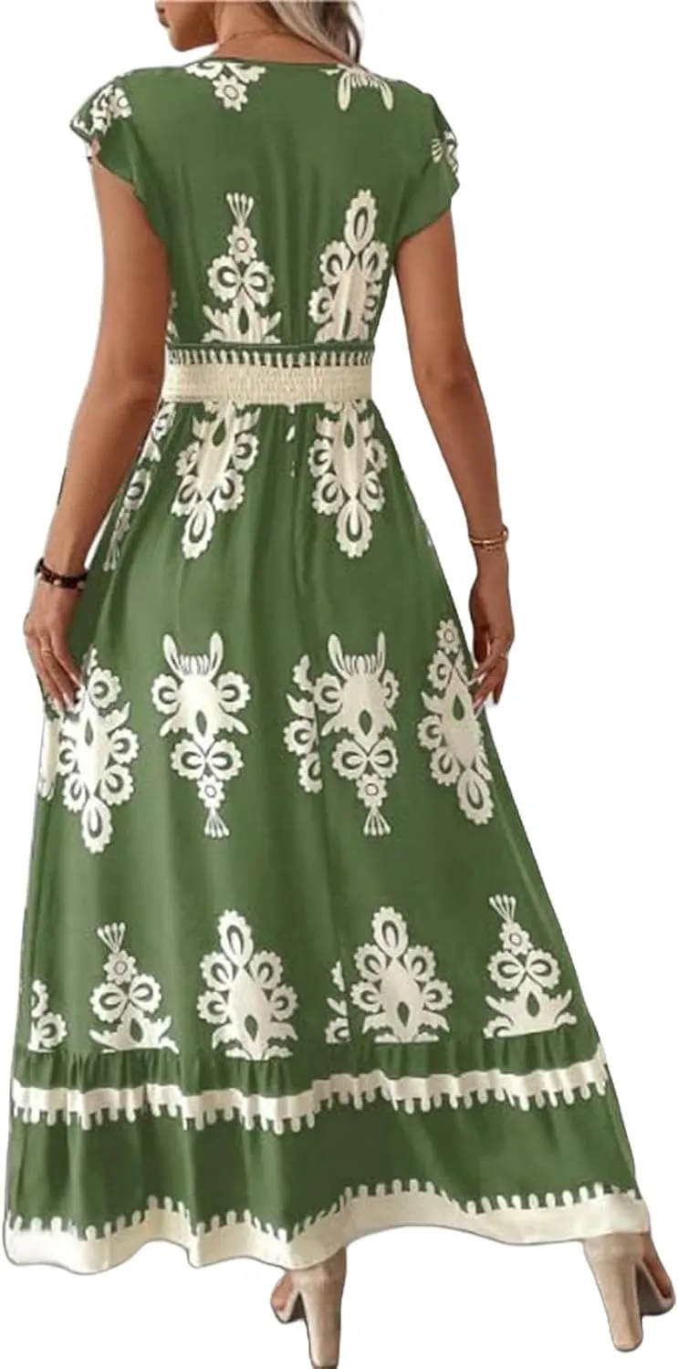 Womens Summer Maxi Dress V Neck Boho Floral Print Short Sleeve A Line Dresses Casual Flowy Vacation Beach Swing Dress