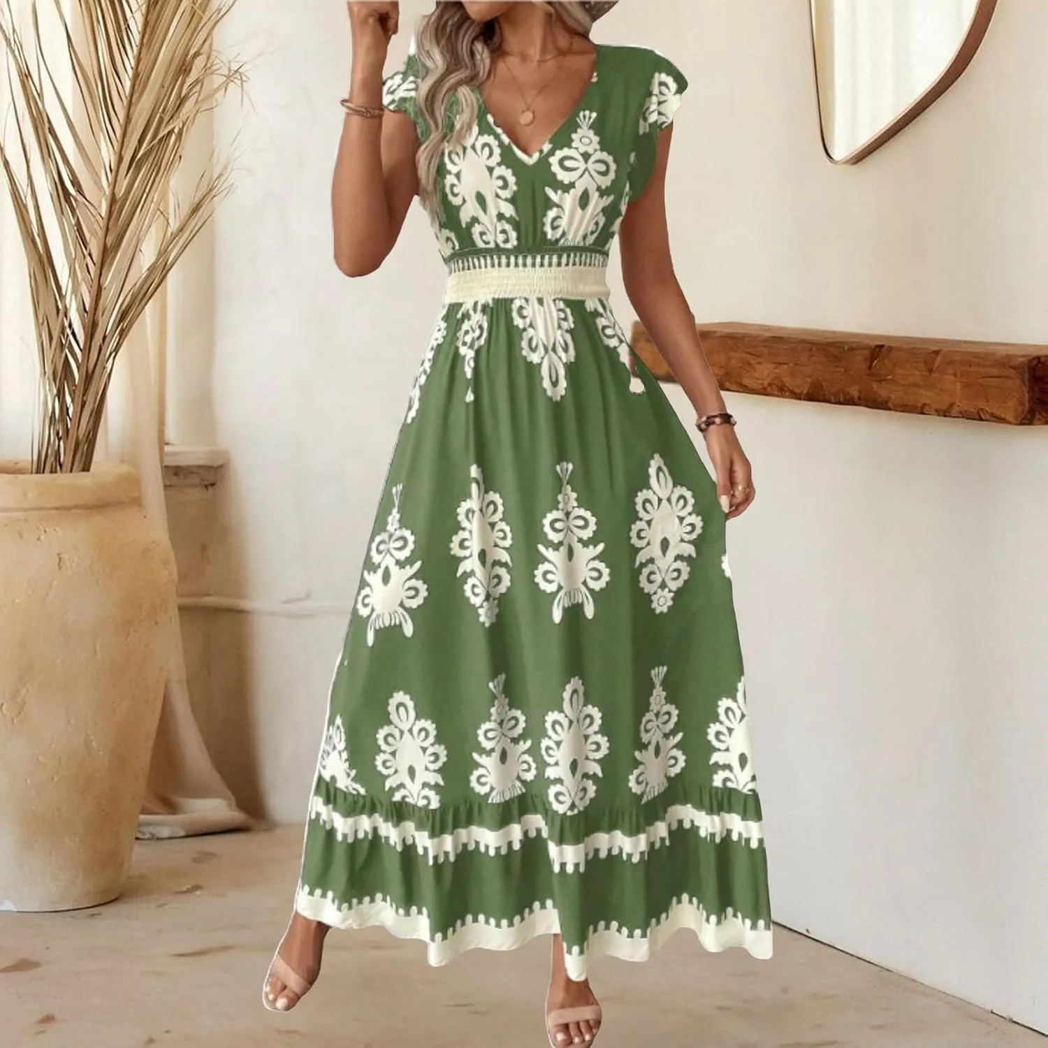 Womens Summer Maxi Dress V Neck Boho Floral Print Short Sleeve A Line Dresses Casual Flowy Vacation Beach Swing Dress