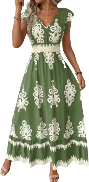 Womens Summer Maxi Dress V Neck Boho Floral Print Short Sleeve A Line Dresses Casual Flowy Vacation Beach Swing Dress