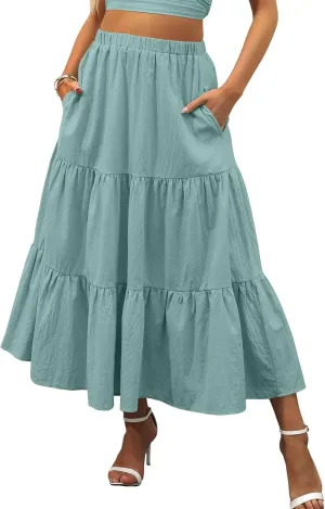 Women's Summer Maxi Skirt Elastic High Waist A-Line Tiered Swing Long Skirts Ruffle Pleated Long Beach Dress