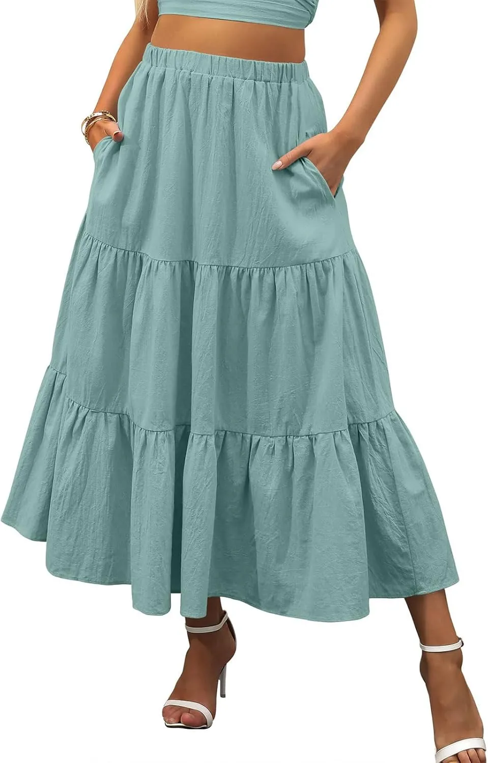 Women's Summer Maxi Skirt Elastic High Waist A-Line Tiered Swing Long Skirts Ruffle Pleated Long Beach Dress