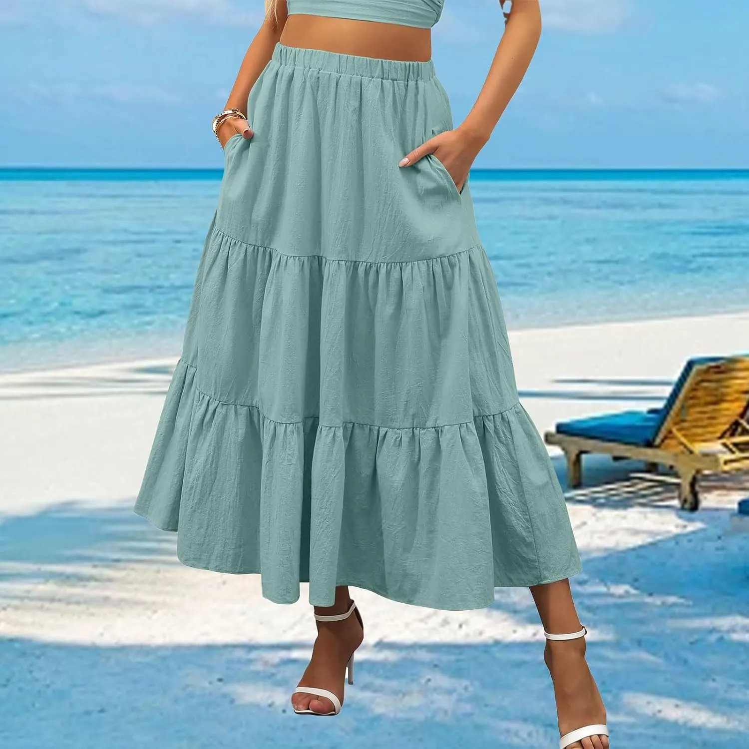 Women's Summer Maxi Skirt Elastic High Waist A-Line Tiered Swing Long Skirts Ruffle Pleated Long Beach Dress