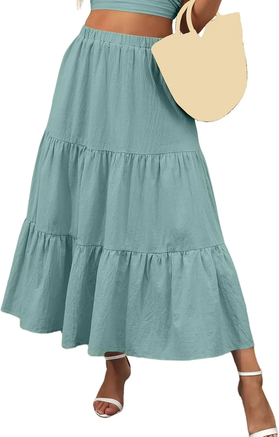 Women's Summer Maxi Skirt Elastic High Waist A-Line Tiered Swing Long Skirts Ruffle Pleated Long Beach Dress