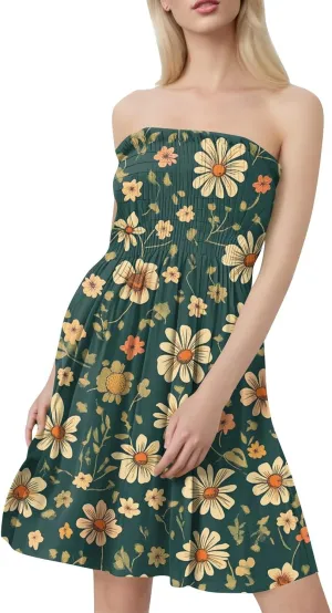 Womens Summer Mini Dress Strapless Sleeveless Trendy Boho Floral Sundress Flowy Ruffle Ruched Sexy Tube Top Dresses