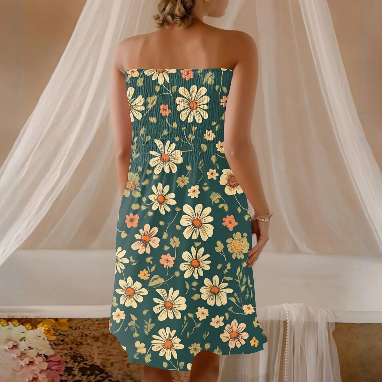 Womens Summer Mini Dress Strapless Sleeveless Trendy Boho Floral Sundress Flowy Ruffle Ruched Sexy Tube Top Dresses