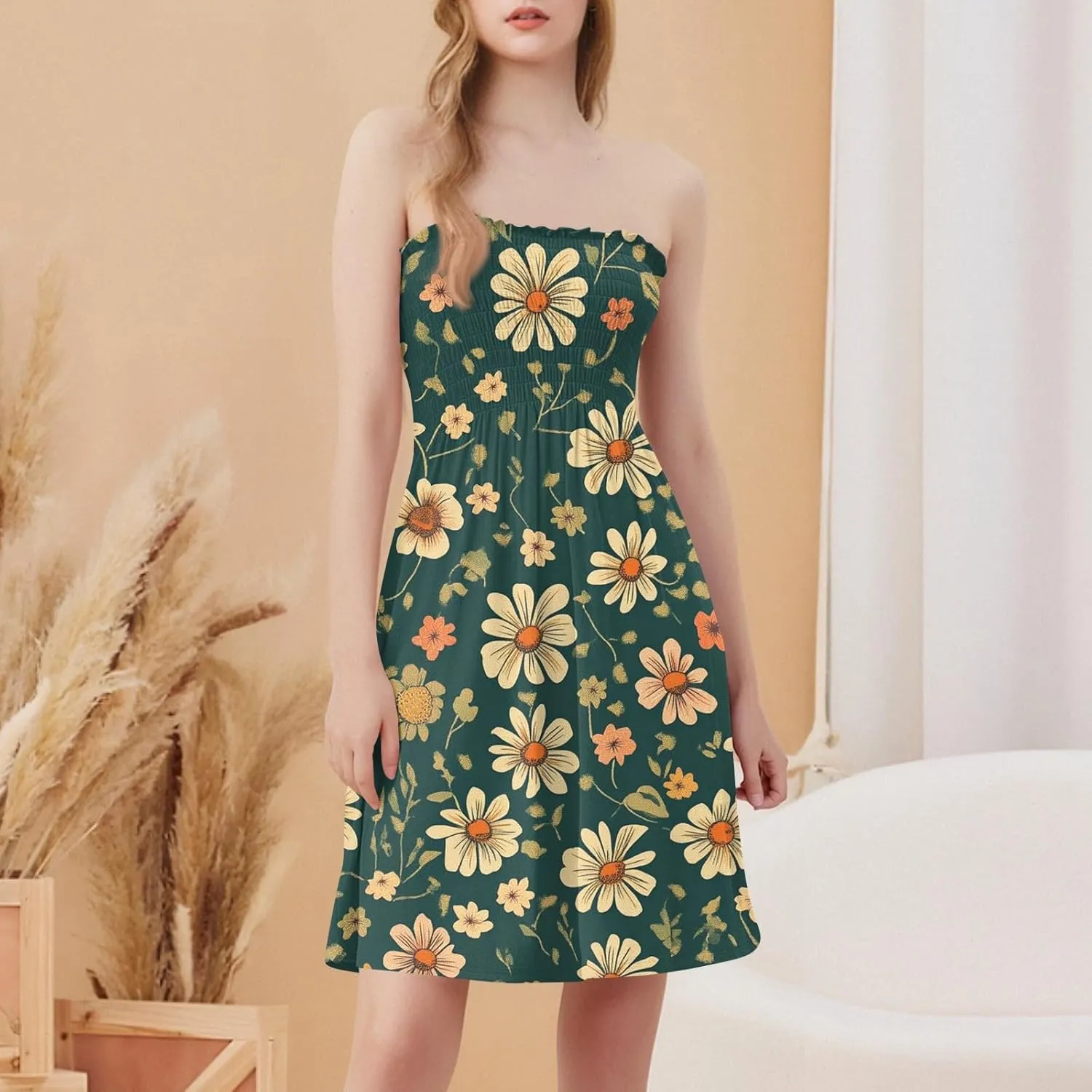 Womens Summer Mini Dress Strapless Sleeveless Trendy Boho Floral Sundress Flowy Ruffle Ruched Sexy Tube Top Dresses