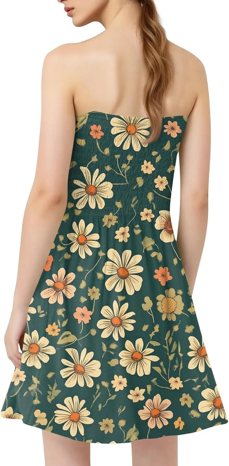 Womens Summer Mini Dress Strapless Sleeveless Trendy Boho Floral Sundress Flowy Ruffle Ruched Sexy Tube Top Dresses