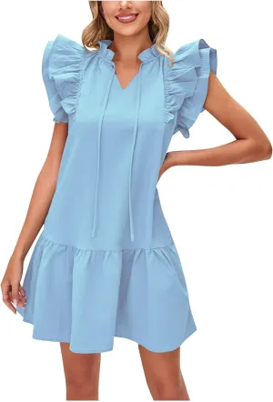 Women's Summer Mini Dresses 2025 Drawstring V Neck Casual Short Dress Ruffle Cap Sleeve Pleated Swing Sundress