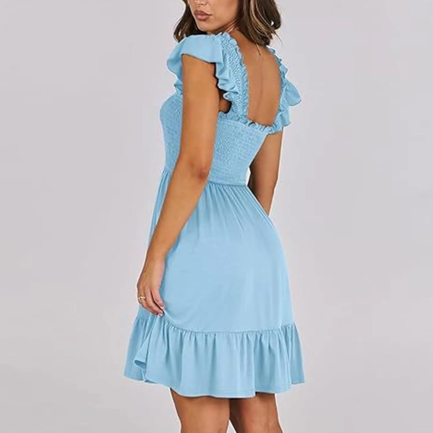 Womens Summer Ruffle Dresses Elastic Empire Waist Smocked A-line Layered Swing Flowy Mini Dress Bodydoll Sundress