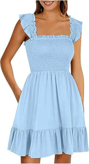 Womens Summer Ruffle Dresses Elastic Empire Waist Smocked A-line Layered Swing Flowy Mini Dress Bodydoll Sundress