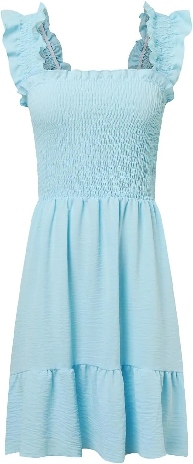 Womens Summer Ruffle Dresses Elastic Empire Waist Smocked A-line Layered Swing Flowy Mini Dress Bodydoll Sundress