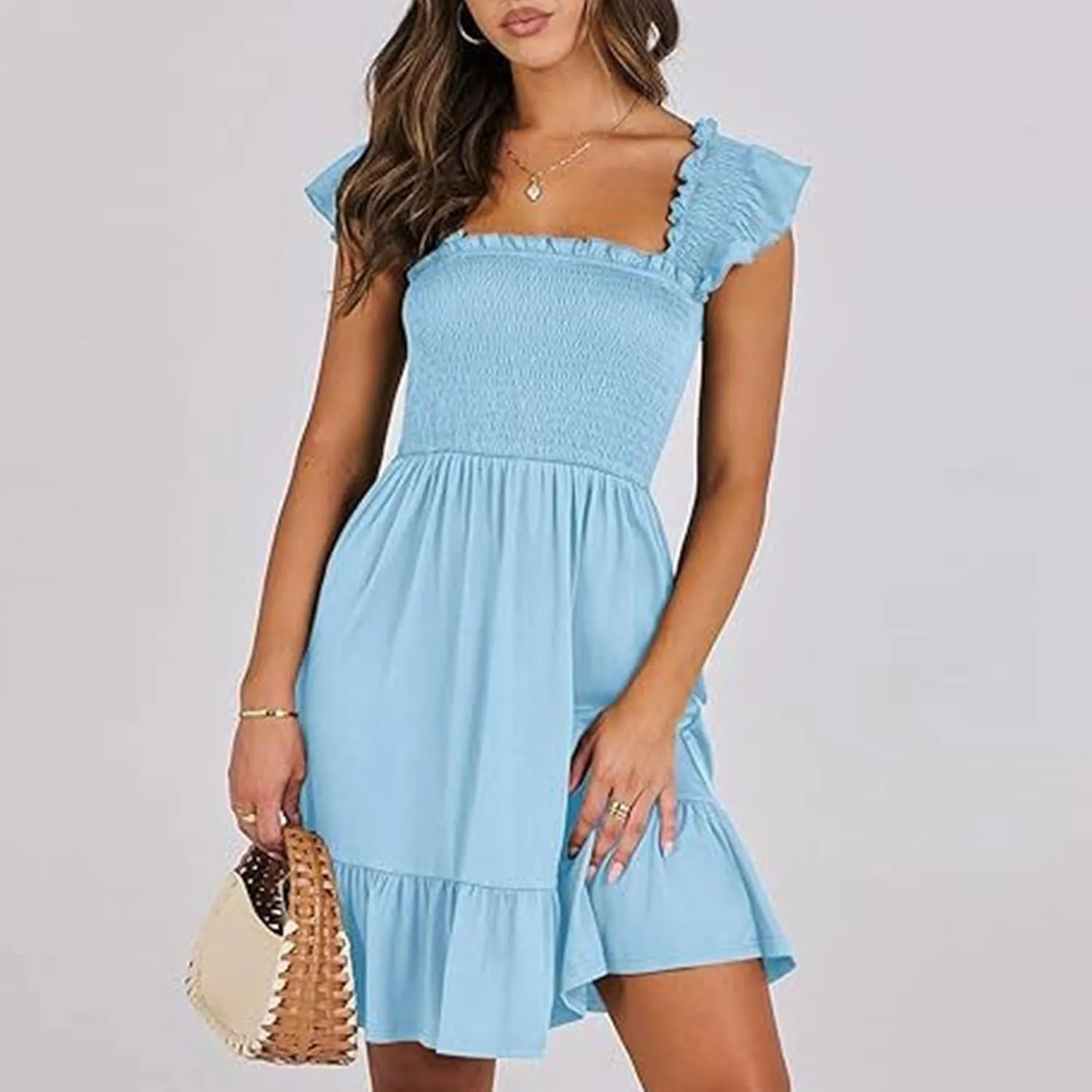 Womens Summer Ruffle Dresses Elastic Empire Waist Smocked A-line Layered Swing Flowy Mini Dress Bodydoll Sundress