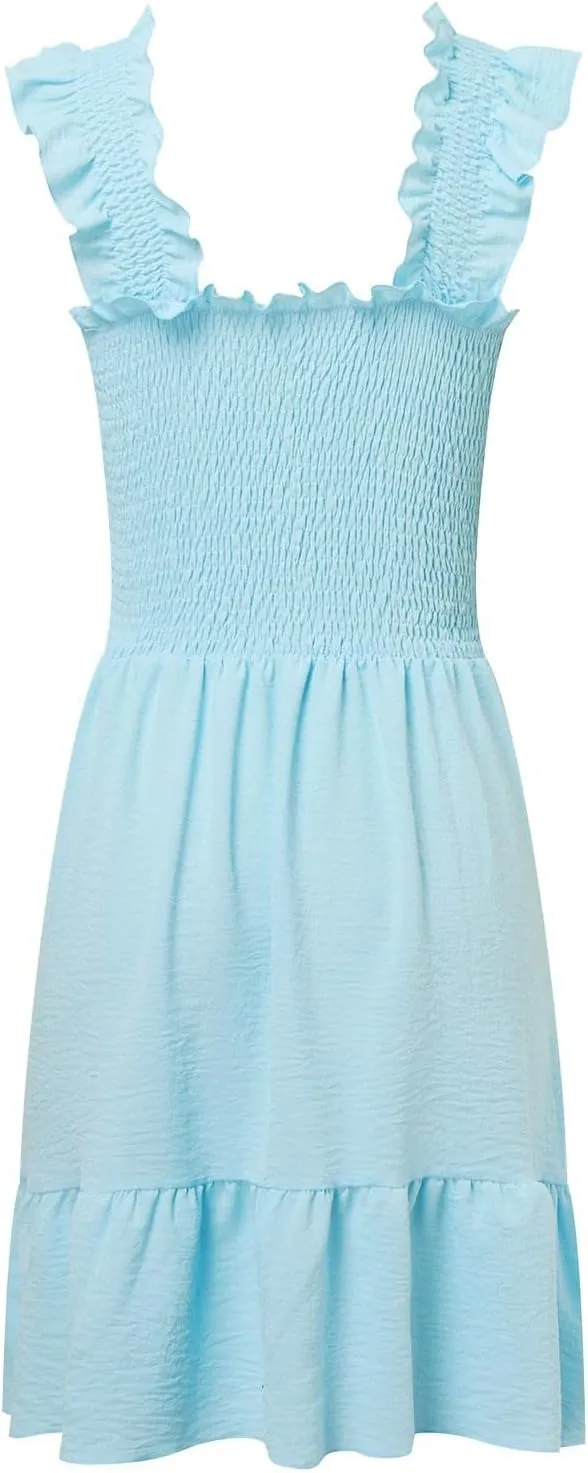 Womens Summer Ruffle Dresses Elastic Empire Waist Smocked A-line Layered Swing Flowy Mini Dress Bodydoll Sundress