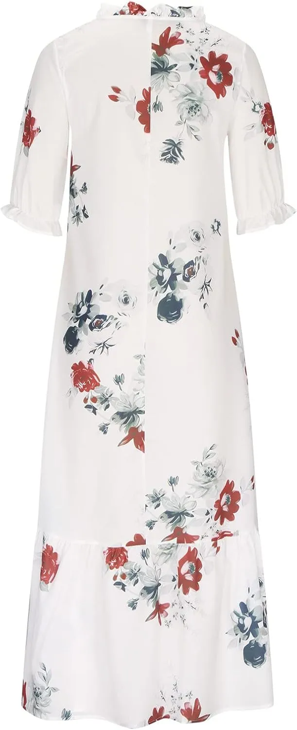 Women's Summer Ruffle Maxi Dresses 3/4 Sleeve Floral Pleated Swing Dress Bohemian Flowy A Line Boho Beach Long Dress