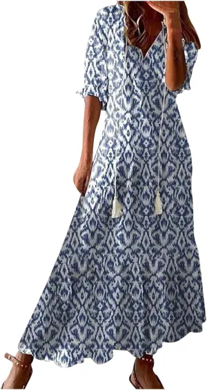 Women's Summer Ruffle Maxi Dresses 3/4 Sleeve Floral Pleated Swing Dress Bohemian Flowy A Line Boho Beach Long Dress