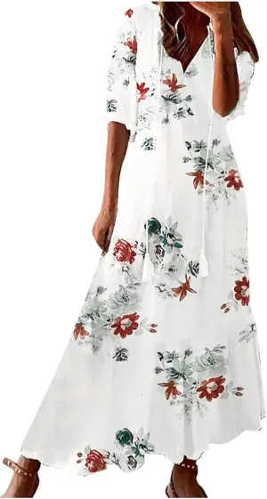 Women's Summer Ruffle Maxi Dresses 3/4 Sleeve Floral Pleated Swing Dress Bohemian Flowy A Line Boho Beach Long Dress