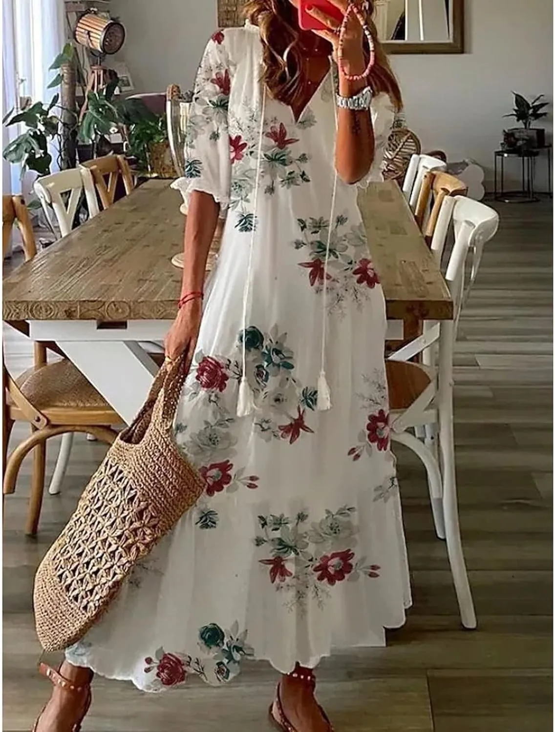 Women's Summer Ruffle Maxi Dresses 3/4 Sleeve Floral Pleated Swing Dress Bohemian Flowy A Line Boho Beach Long Dress