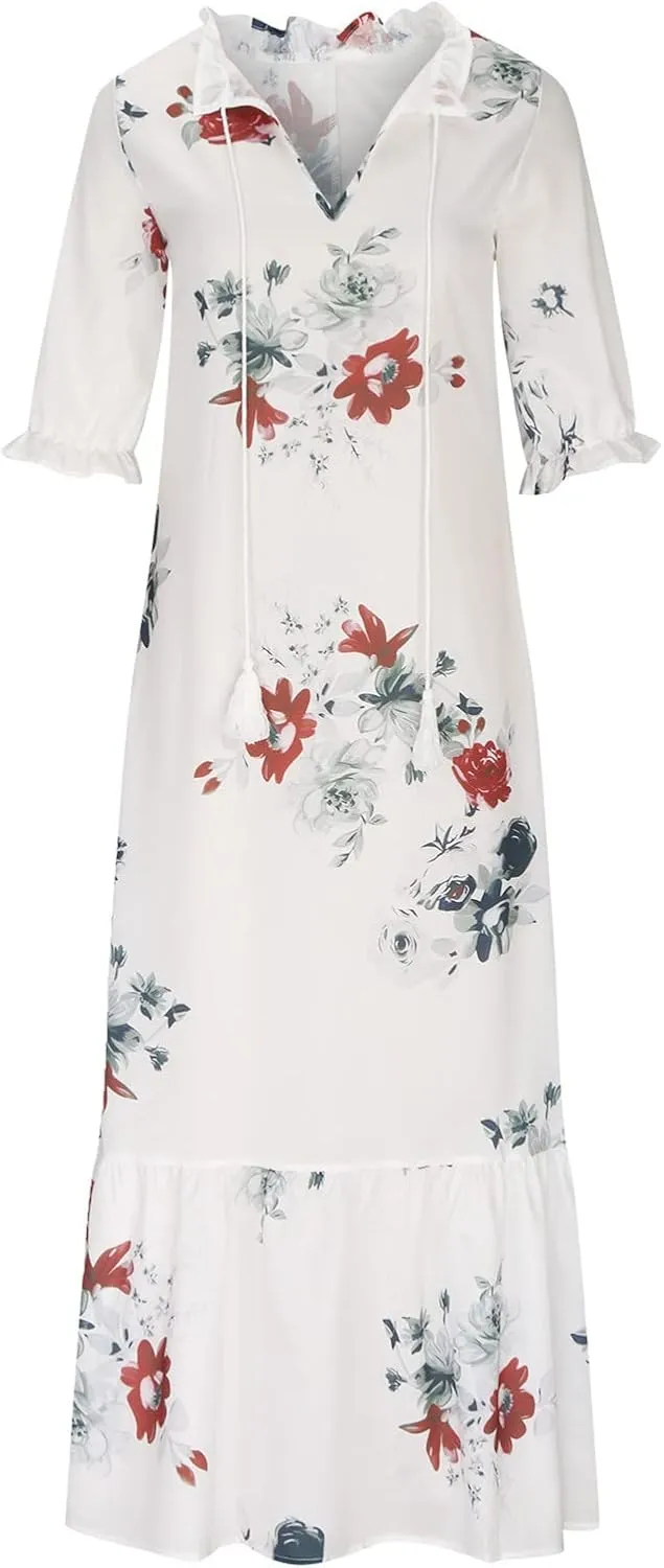 Women's Summer Ruffle Maxi Dresses 3/4 Sleeve Floral Pleated Swing Dress Bohemian Flowy A Line Boho Beach Long Dress