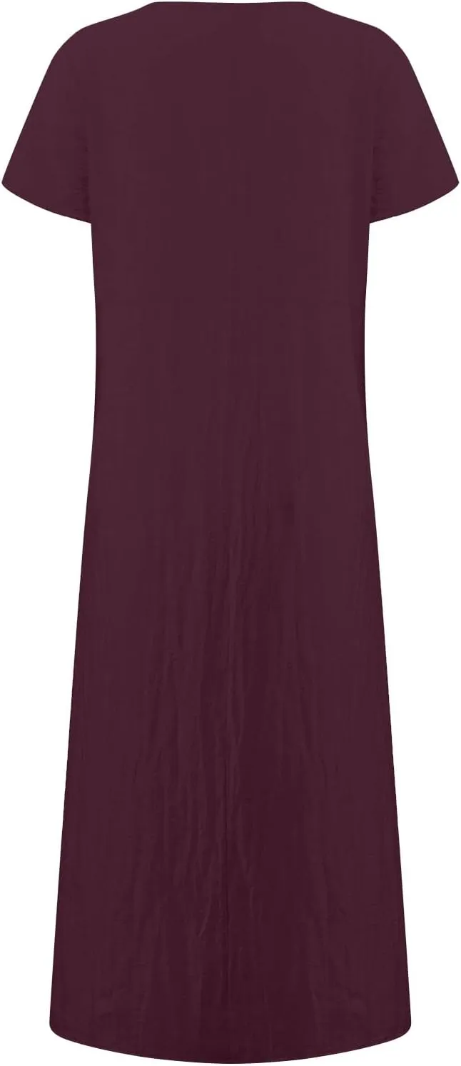 Women's Summer Short Sleeve Maxi Dress 2025 Casual V Neck High Waist A-Line Solid Boho Flowy Loose Long Dresses