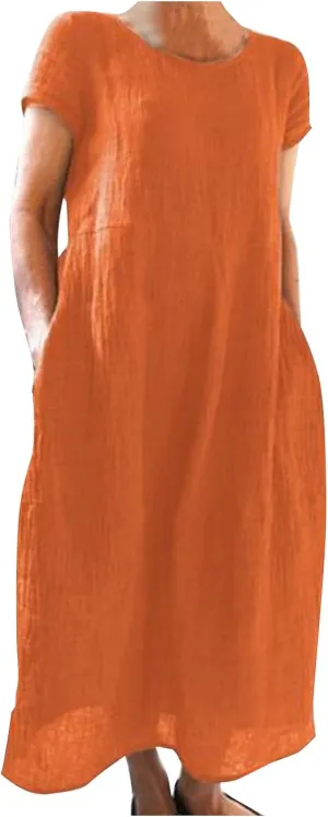 Women's Summer Short Sleeve Maxi Dress 2025 Casual V Neck High Waist A-Line Solid Boho Flowy Loose Long Dresses