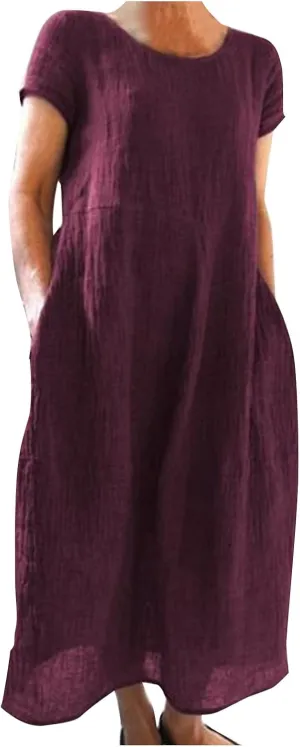 Women's Summer Short Sleeve Maxi Dress 2025 Casual V Neck High Waist A-Line Solid Boho Flowy Loose Long Dresses