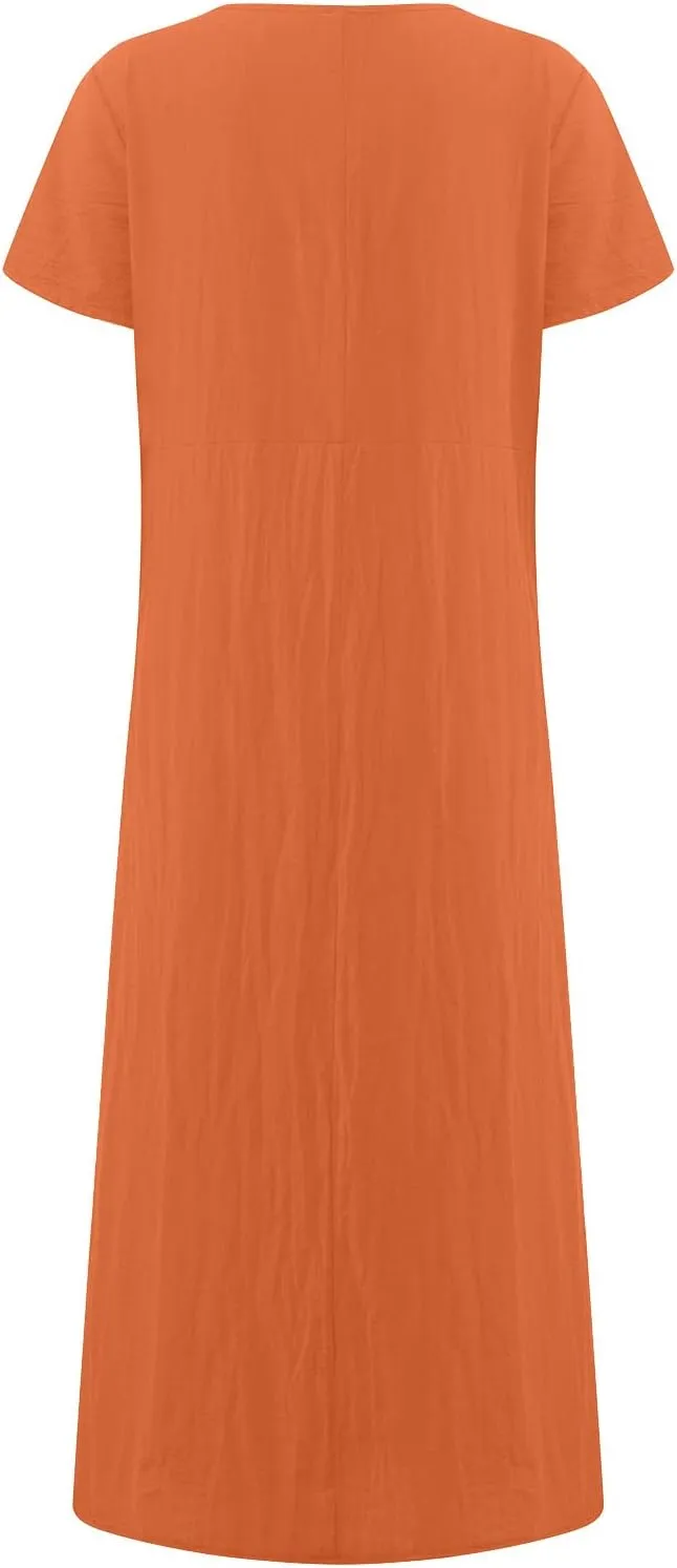 Women's Summer Short Sleeve Maxi Dress 2025 Casual V Neck High Waist A-Line Solid Boho Flowy Loose Long Dresses