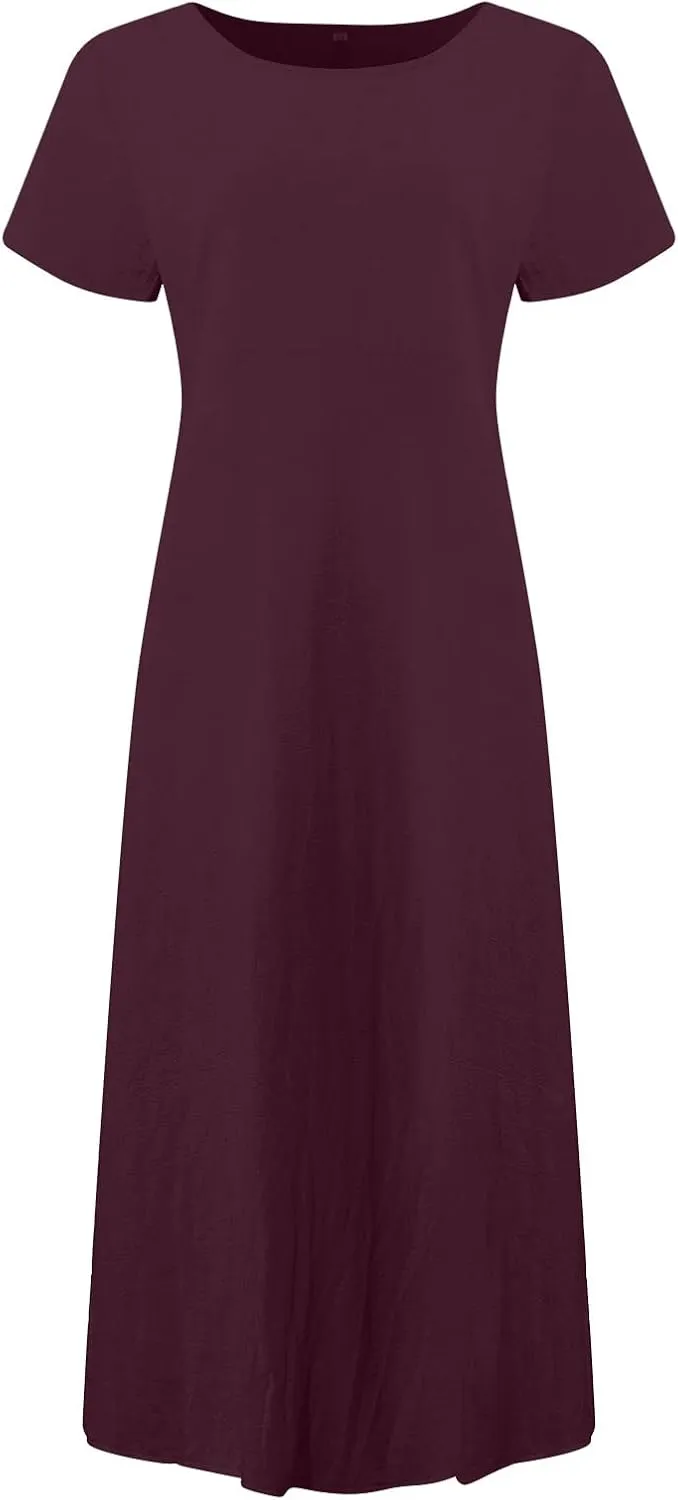 Women's Summer Short Sleeve Maxi Dress 2025 Casual V Neck High Waist A-Line Solid Boho Flowy Loose Long Dresses