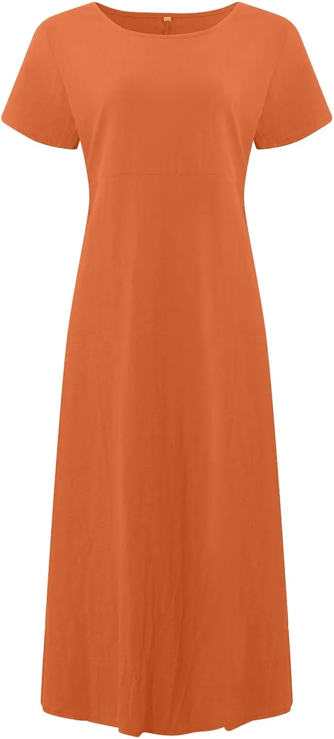 Women's Summer Short Sleeve Maxi Dress 2025 Casual V Neck High Waist A-Line Solid Boho Flowy Loose Long Dresses