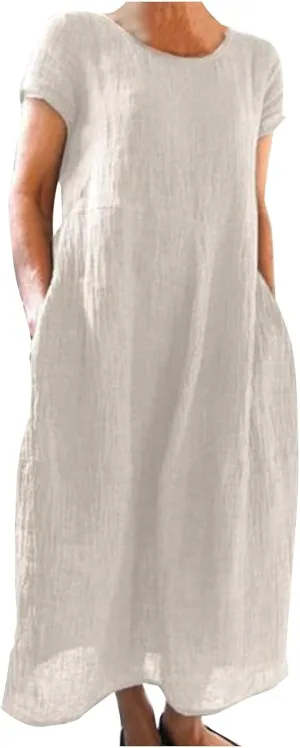 Women's Summer Short Sleeve Maxi Dress 2025 Casual V Neck Solid High Waist A-Line Flowy Loose Boho Long Dresses