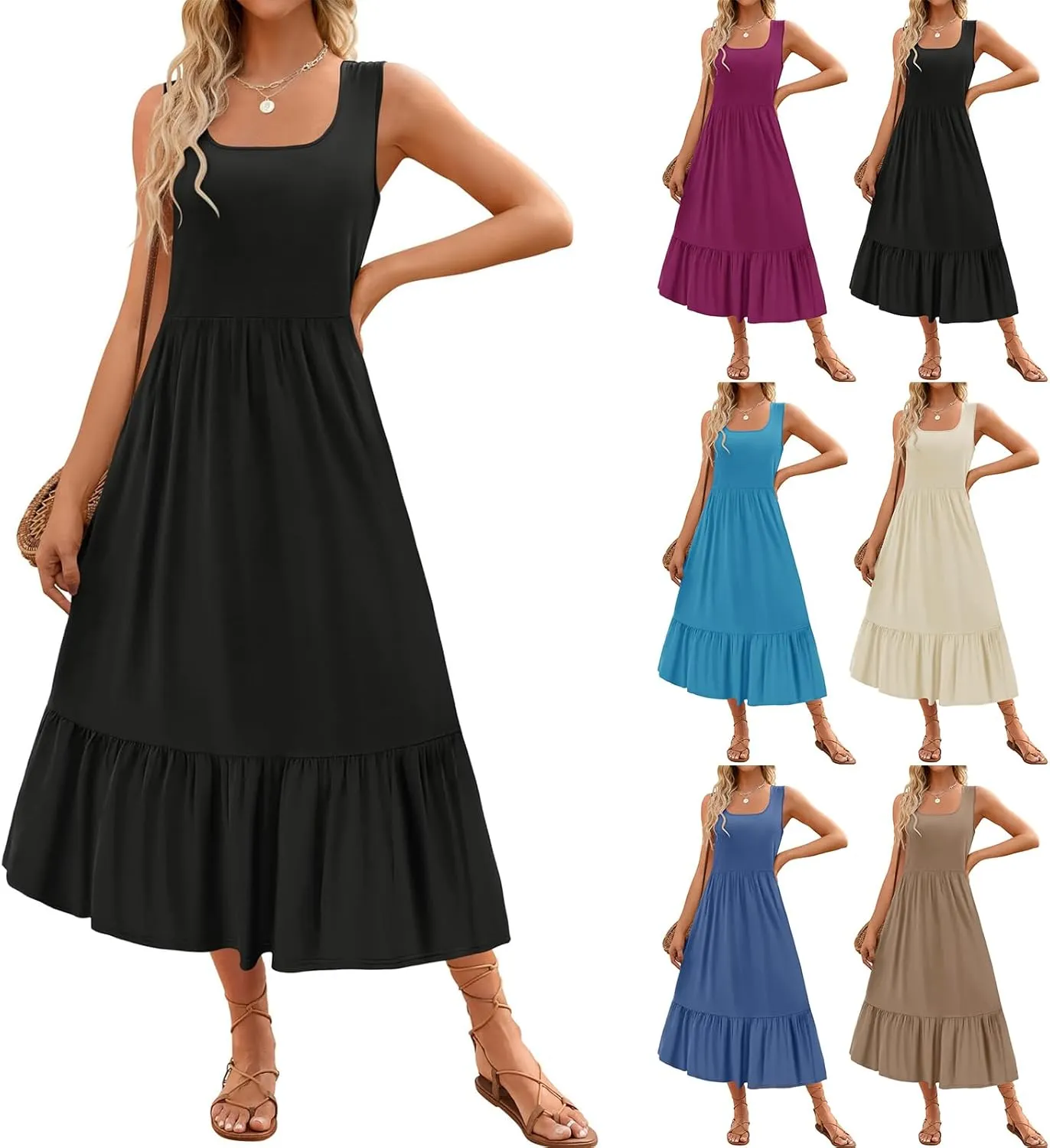 Women's Summer Sleeveless Dress Maxi Beach Vacation Dresses Casual Flowy Tired Sundress Square Neck Tank Top