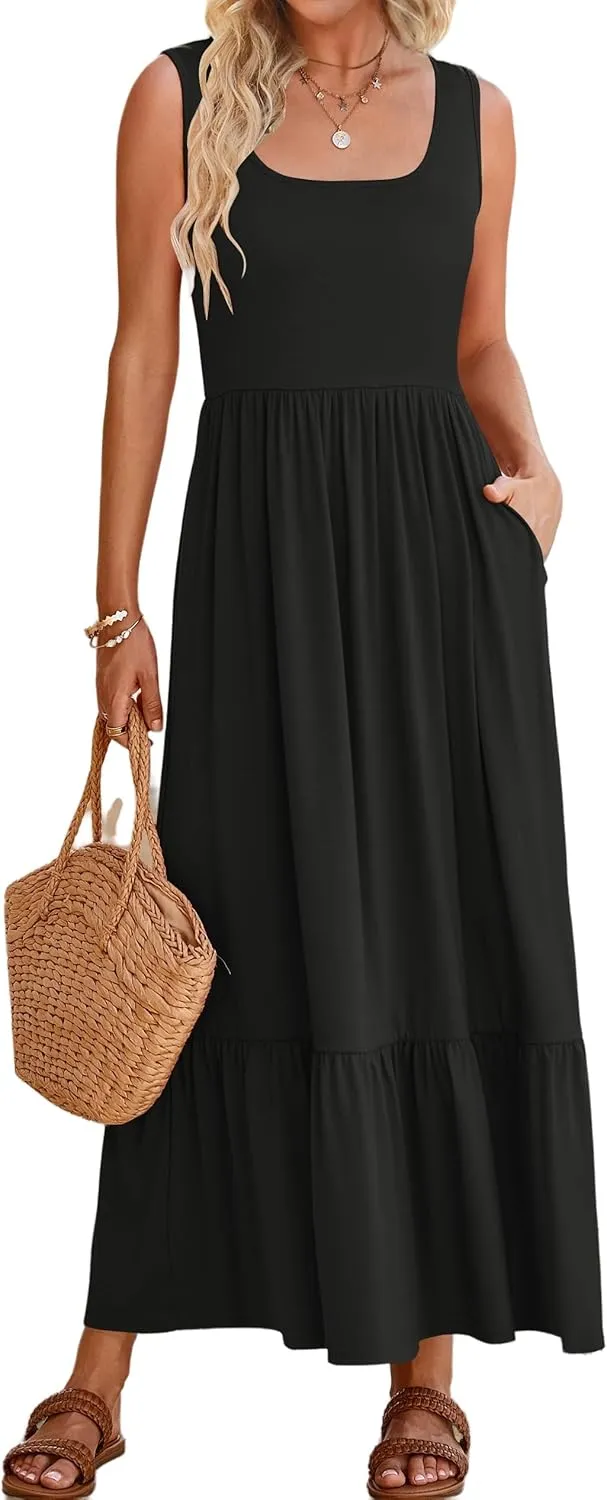 Women's Summer Sleeveless Dress Maxi Beach Vacation Dresses Casual Flowy Tired Sundress Square Neck Tank Top