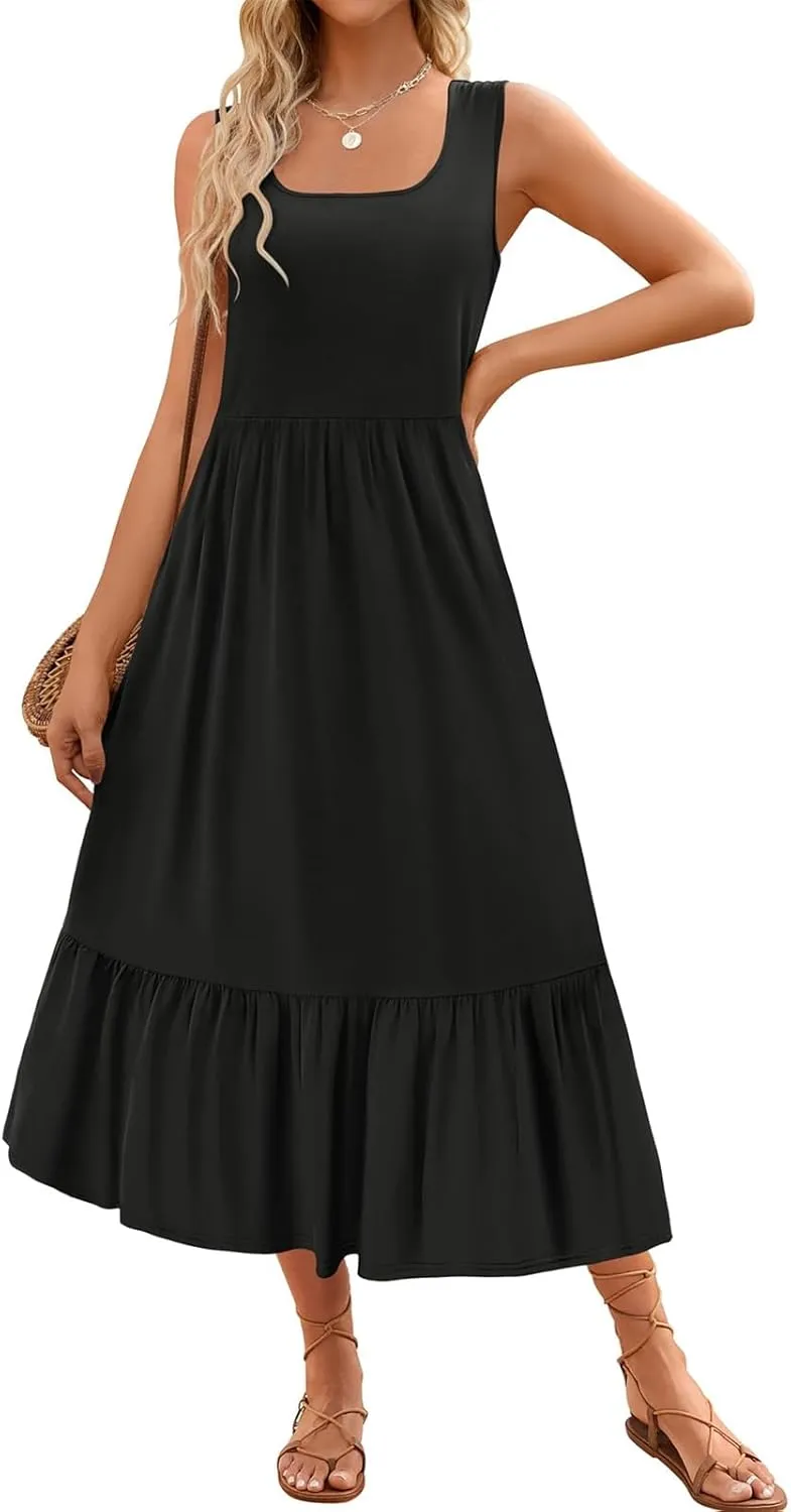 Women's Summer Sleeveless Dress Maxi Beach Vacation Dresses Casual Flowy Tired Sundress Square Neck Tank Top