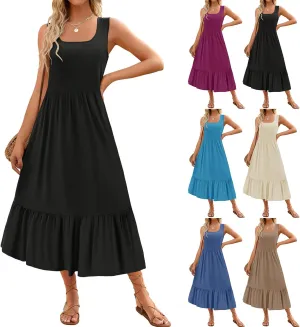 Women's Summer Sleeveless Dress Maxi Beach Vacation Dresses Casual Flowy Tired Sundress Square Neck Tank Top