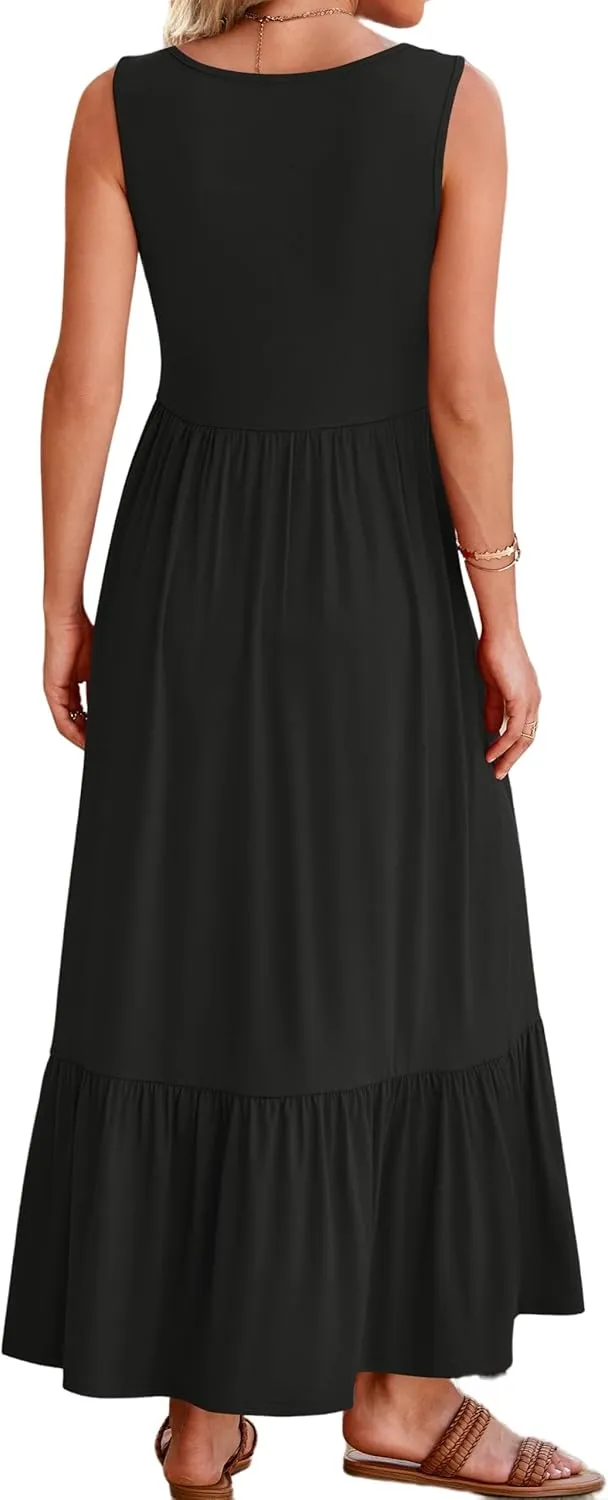 Women's Summer Sleeveless Dress Maxi Beach Vacation Dresses Casual Flowy Tired Sundress Square Neck Tank Top