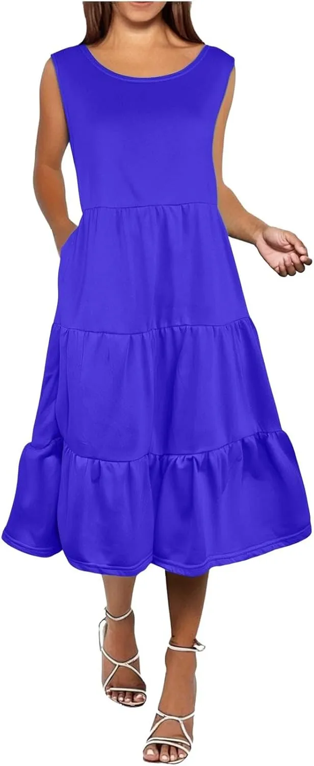 Women's Summer Sleeveless Maxi Sundress Swing Casual Flowy Tiered Shirts Dress Beach Travel Vacation Outfits