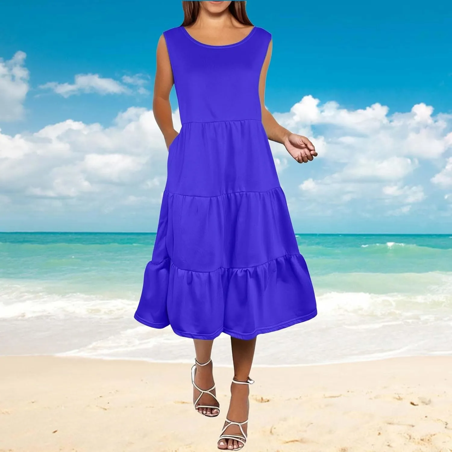 Women's Summer Sleeveless Maxi Sundress Swing Casual Flowy Tiered Shirts Dress Beach Travel Vacation Outfits