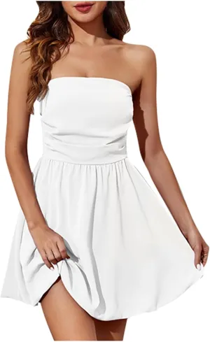 Women's Summer Strapless Mini Dress Tube Top Bubble Skirt 2025 Short Pleated A Line Patchwork Beach Party Sundress