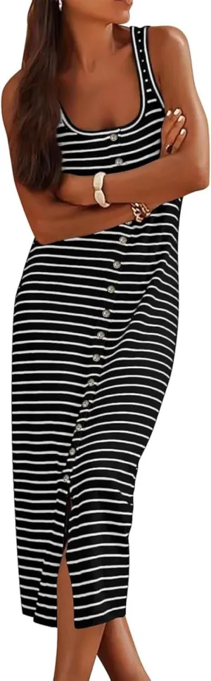 Women's Summer Stripes Maxi Dress Sleeveless Button Slim Square Neck Front Split Long Tank Dress